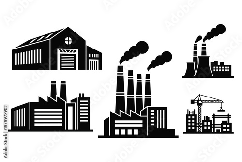Industrial factory and warehouse building silhouettes with smoke stacks