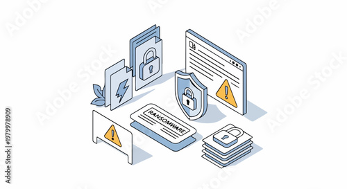 Isometric Cybersecurity Illustration of Ransomware Attack and Data Protection with Shield, Padlocks, and Warning Signs for Digital Information Security
