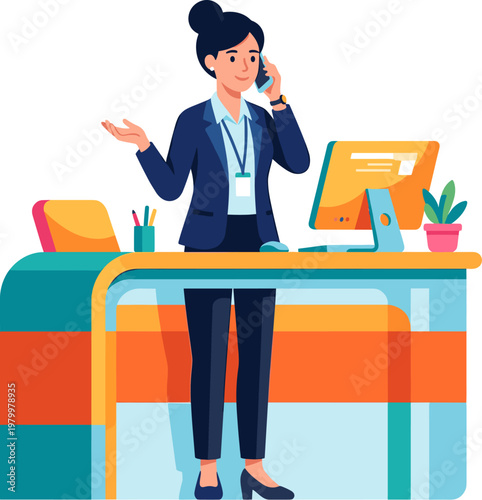 Business executive talking on smartphone while standing by office desk