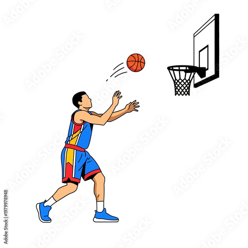 Man playing basketball, shooting ball into hoop, sports illustration, action, white background