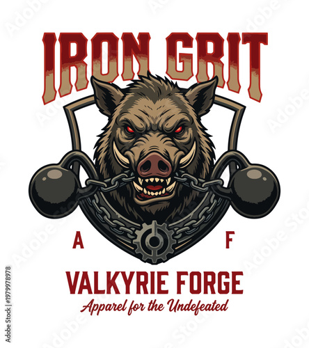 Aggressive wild boar head logo with iron grip text and kettlebells around its neck symbolizing strength and determination for fitness vintage retro gym t-shirt design