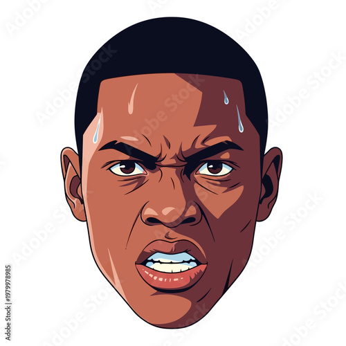 Man's Angry Face, Sweat Droplets, Intense Expression, Frustration, Aggression, Vector Art