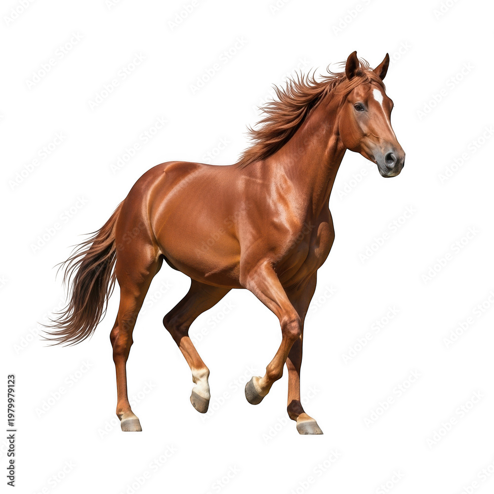 Obraz premium A brown horse is running with its mane and tail flowing