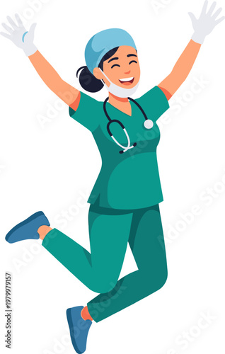 Cheerful female nurse jumping with joy in scrubs