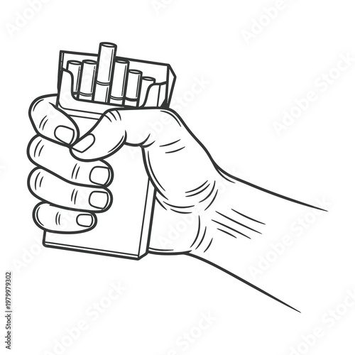 Hand holding a pack of cigarettes line art sketch style for anti smoking awareness campaigns