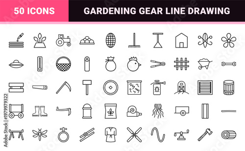 Farming and gardening equipment line icons set in minimalist outline style.