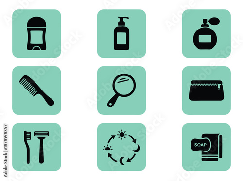 Set of Nine Personal Care and Hygiene Icons in Black and Mint Green.