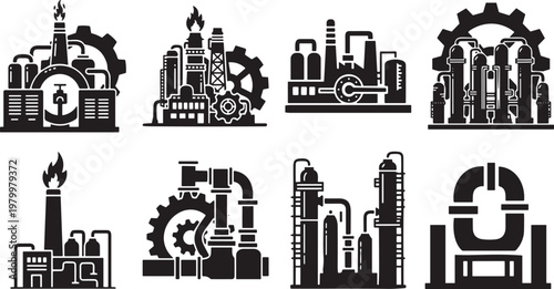 Industrial factory icon set with oil refinery, manufacturing plants, heavy machinery gears, and gas processing equipment, cad drawing flat vector illustration