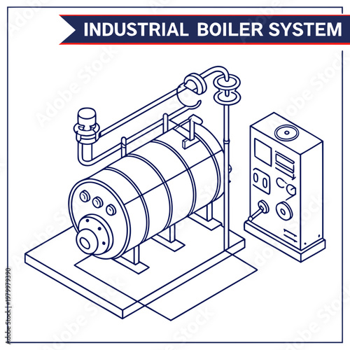 Industrial boiler system isometric line drawing with line art industrial equipment production equipment engineering manufacturing isometric illustration blueprint schematic industry