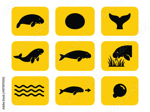 Konstfotografi Set of Manatee Icons on Yellow Background.
