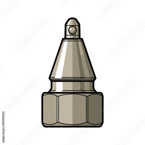 Close-up of a metal grease fitting nozzle on a white background