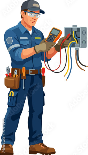 Electrical technician testing a circuit box with a digital multimeter