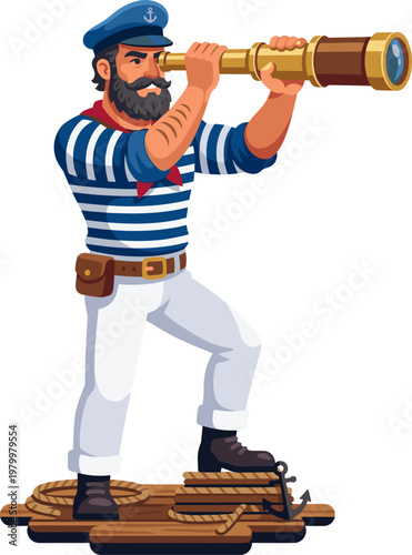 Bearded mariner scanning horizon through vintage brass telescope