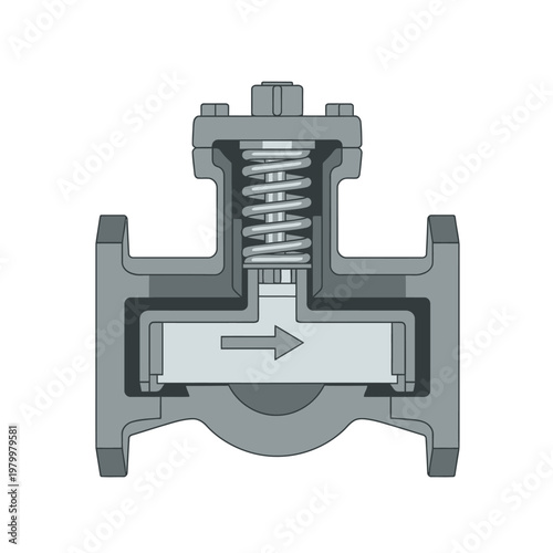 Cross-section illustration of a check valve with flow arrow, industrial engineering concept
