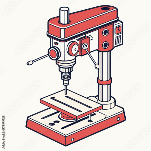 Drill press machine illustration with isometric illustration of a red and cream colored drill press with a visible bit power tool vertical drill home improvement workshop tool lab equipment