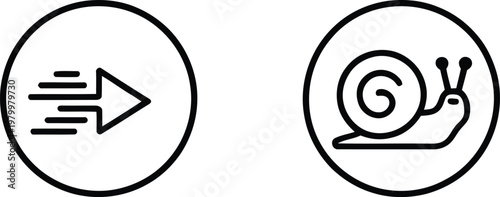 Two circular icons depicting a fast moving arrow and a slow crawling snail for comparative speed