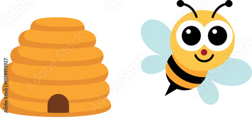 Cute bee and beehive illustration, cartoon insect character, honey concept vector design elementCute bee and beehive illustration, cartoon insect character, honey concept vector design element