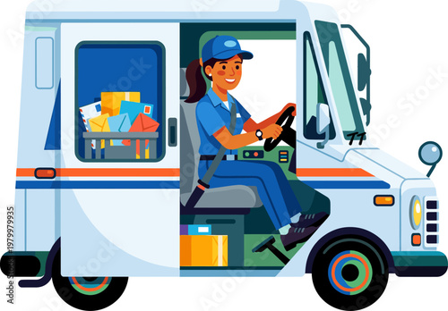 Female mail carrier driving postal delivery truck filled with letters and parcels