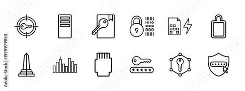 Minimalist cybersecurity and data protection outline icon set