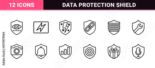 Cyber security shield outline icon set for data protection and privacy