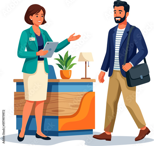 Female receptionist assisting male customer at office front desk