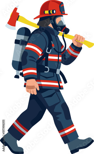 Firefighter in protective turnout gear walking with fire axe and oxygen tank
