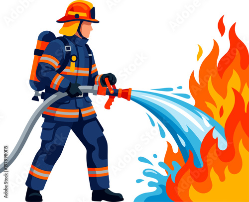 Firefighter spraying water from hose to extinguish large orange flames