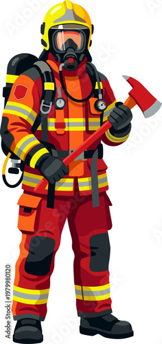 Fireman wearing full breathing apparatus mask and yellow helmet holding axe