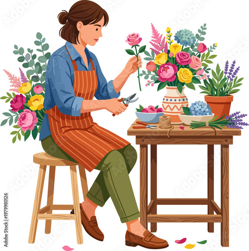Floral designer sitting at a workbench arranging a colorful bouquet