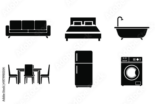 Essential household appliances and furniture silhouettes for house interior design set