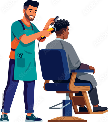 Hairdresser using electric clippers on a seated client