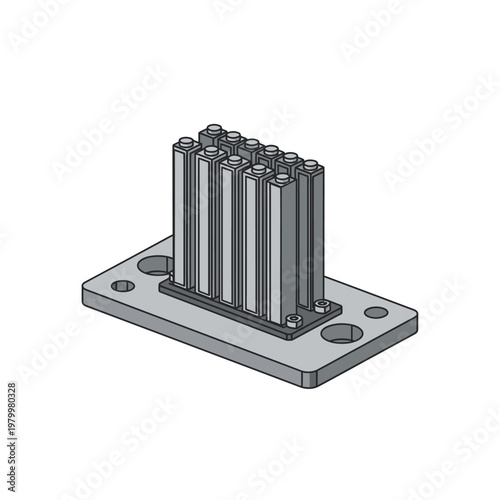 Industrial heat sink with cooling fins and mounting plate, isometric view