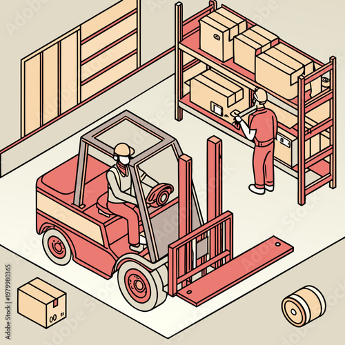 Warehouse forklift and workers illustration with material handling forklift truck supply chain manual labor industrial equipment forklift warehouse logistics transport industry operator