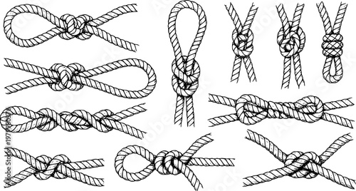 Collection of Hand Drawn Nautical Knots and Rope White Background marine sailing