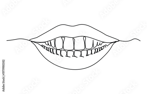 Tooth icon in continuous one line drawing style. Line art of tooth icon. Line art teeth outline.