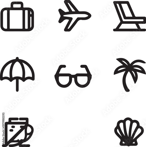 Collection of icons representing common vacation and travel accessories Vector