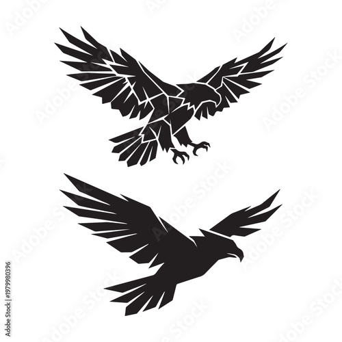 Geometric eagle design with spread wings depicted in a striking black silhouette