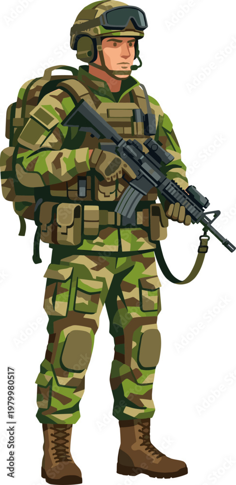 Naklejka premium Infantry soldier standing guard with assault rifle and tactical backpack