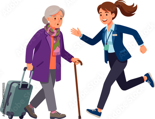 Helpful hotel staff assisting senior woman with rolling suitcase