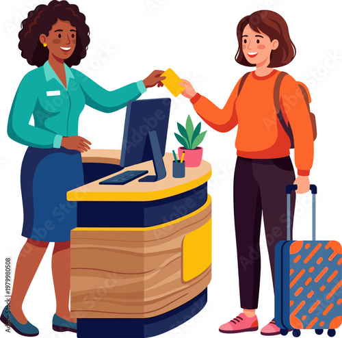 Hotel receptionist giving room key card to female traveler