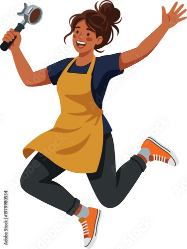 Joyful female barista jumping while holding a portafilter