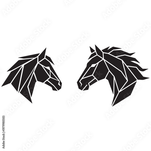 Two polygonal horse heads are depicted in a striking black graphic design silhouette