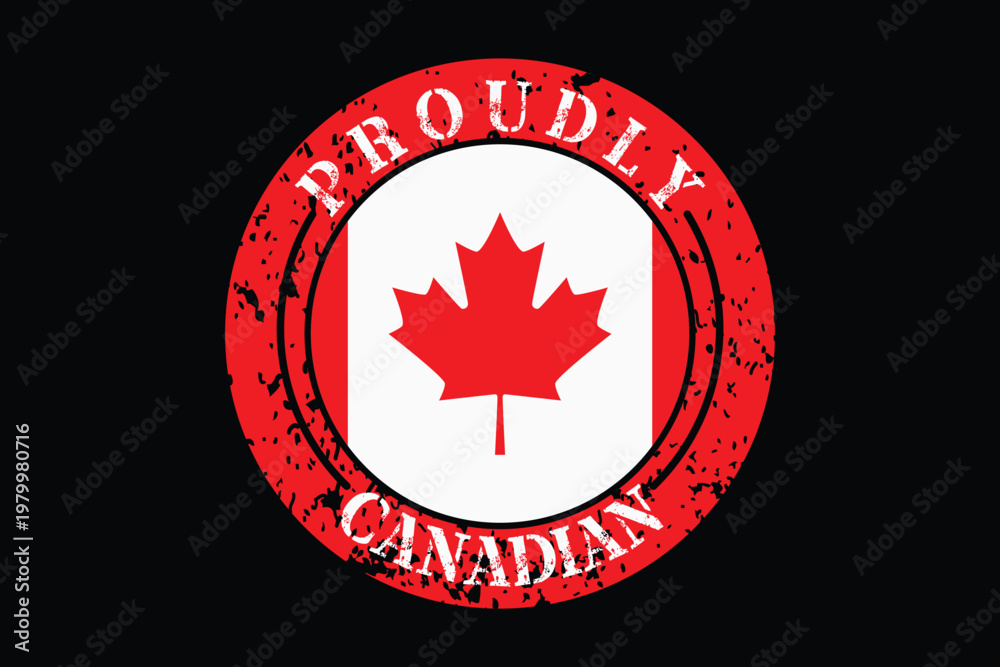 Obraz premium Proudly Canadian Emblem With Maple Leaf And Red Border On Black red maple leaf