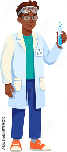 Male chemist holding test tube with blue bubbling liquid for experiment