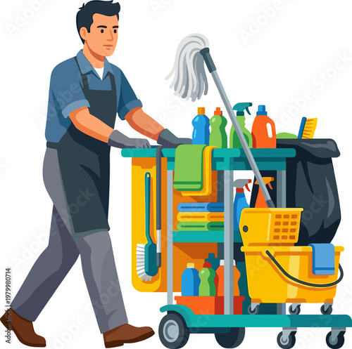 Male cleaner pushing janitorial trolley with cleaning supplies