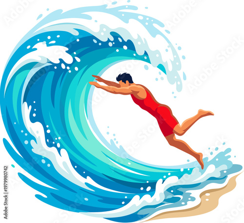 Male lifeguard diving into massive blue ocean wave at the beach