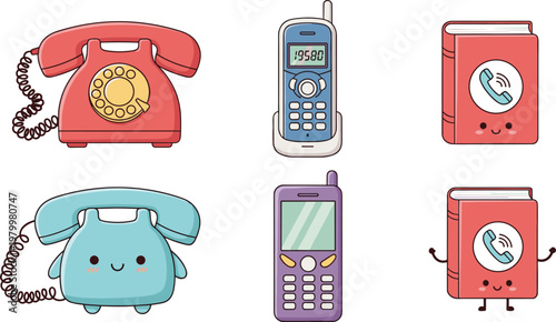 Retro communication devices vector set with vintage telephones mobile phones and cute contact book cartoon illustration