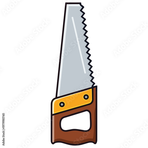 A cartoon illustration of a handsaw with a brown handle and yellow metal piece