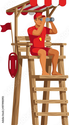 Male lifeguard watching ocean with binoculars from high wooden observation tower