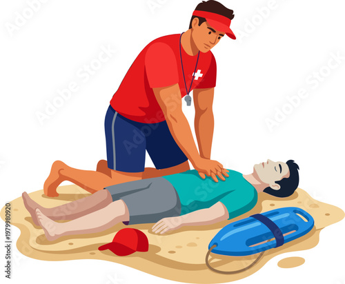 Male lifeguard performing cpr chest compressions on victim at the beach